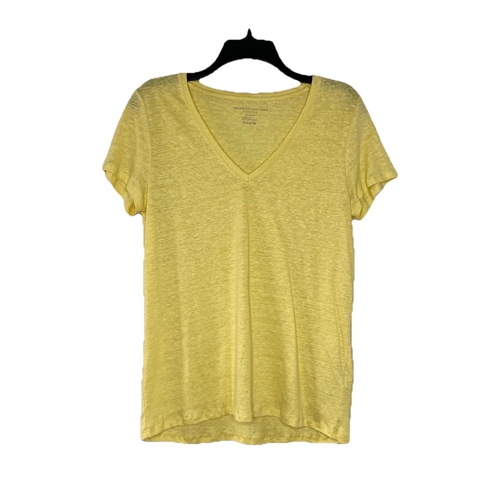 Majestic Short Sleeve Stretch Linen Blend V-Neck Lemon Yellow T Shirt Size 4/L‎